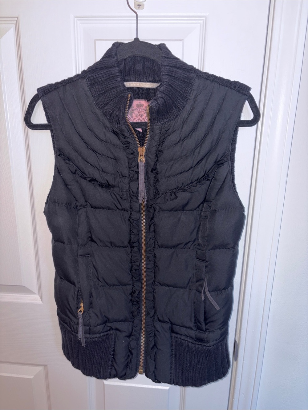 Juicy Couture Black Quilted Puffer Vest with Rib Knit Collar and Knit Back